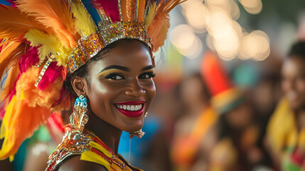 A colorful New Years parade in Rio de Janeiro along Copacabana Beach with fireworks overhead.