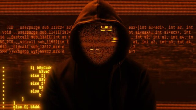 Hacker with hoodie and glitch face. Computer abstract digital code at the background. Dark web or darknet fraud. Cryptocurrency bitcoin mixer concept. Cybersecurity and social network data protection