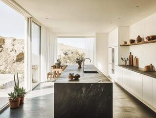 A kitchen with a countertop made of granite. There is a sink and a refrigerator. A potted plant is on the counter