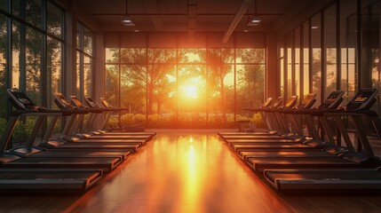 Empty gym with treadmills under warm sunset light with copy space for text, gym advertising, gym advert poster, healthy life advertising