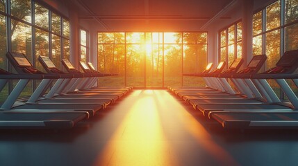 Empty gym with treadmills under warm sunset light with copy space for text, gym advertising, gym advert poster, healthy life advertising