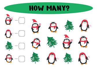 How many Christmas penguins and Christmas trees? Count  penguins  and write the answer. Worksheet for preschool and kindergarten. Vector