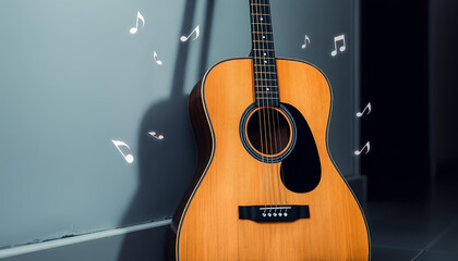 Wooden acoustic guitar with floating musical notes, creative music theme, minimalist background