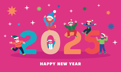Naklejka premium Vector cartoon illustration celebrating happy New Year with Holding number 2025 for New Year party