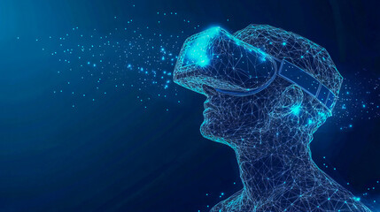 Futuristic wireframe figure with virtual reality headset on dark background