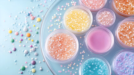 Colorful gel beads and cosmetics in various containers on a pastel background