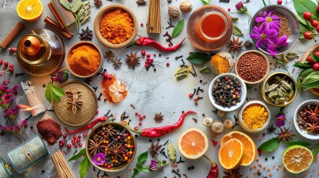 Vibrant array of spices and botanicals with fruits and herbs on rustic surface