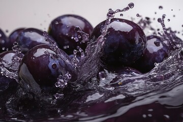 Plum Burst Dark purple plums splashing in a deep, luxurious wave, showcasing a smooth, juicy elegance.