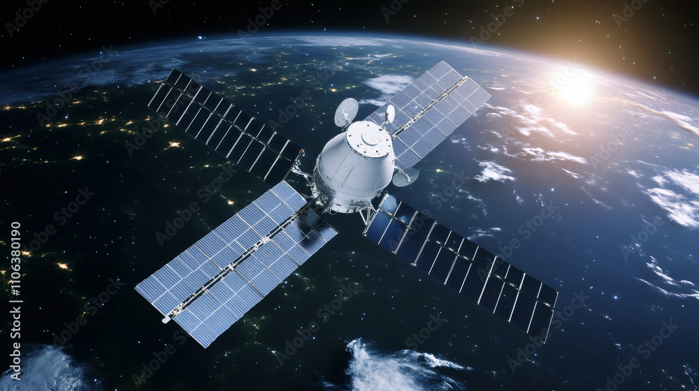 Poster advanced spacecraft orbiting earth, powered by solar panels, symbolizing space exploration and techn