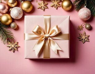 a beautifully wrapped Christmas gift and present with gold ribbon and christmas ornaments