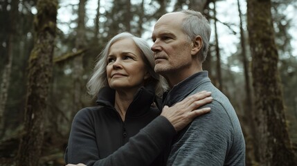 Fototapeta premium A middle-aged couple in casual attire stand side by side, embracing each other with love and affection amidst the serene beauty of nature