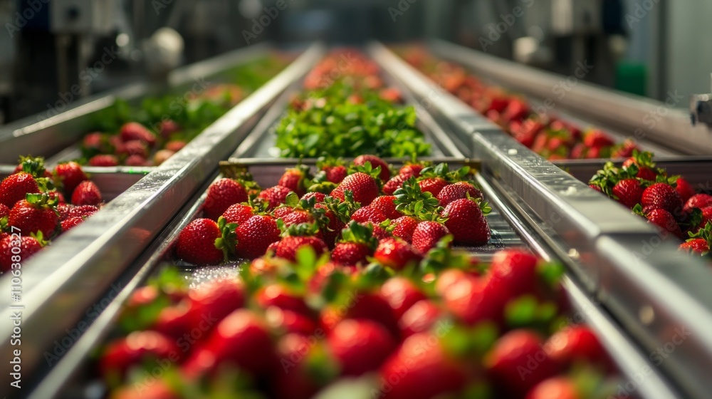 Poster vibrant strawberries are being processed on conveyor belts in a juice production facility. workers s