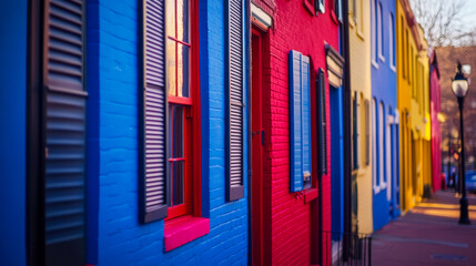 Fototapeta premium Vibrant colorful row houses with shutters in urban neighborhood