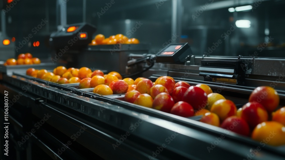 Aufkleber freshly harvested apples are carefully sorted on a conveyor belt in a high-tech juice production fac