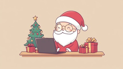 Santa checking and replying emails with a laptop computer at home with Christmas decoration.