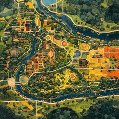 Obraz premium This aerial image highlights land with network markers outlining disaster-resilient infrastructure and emergency routes, emphasizing safety and preparedness in development planning.