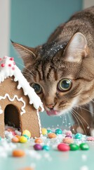 Curious cat investigates a gingerbread house adorned with colorful candies, AI