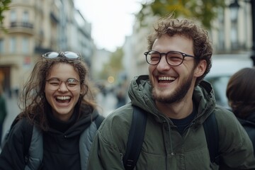 Fototapeta premium Friends enjoying a joyful moment while walking through a lively urban street on a chilly autumn day