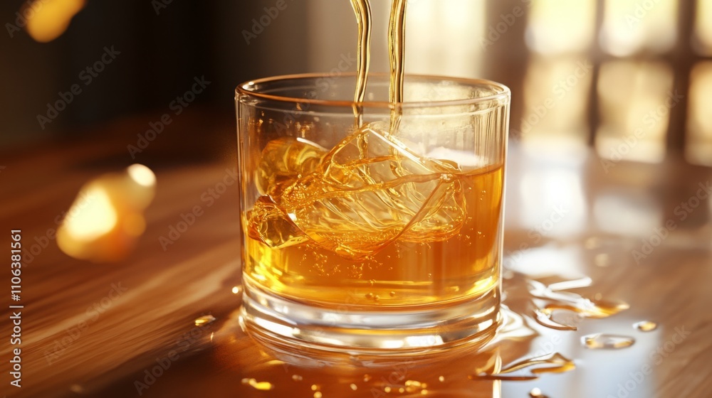 Poster delicious juice flows smoothly into a glass filled with ice cubes, creating a refreshing drink. sunl