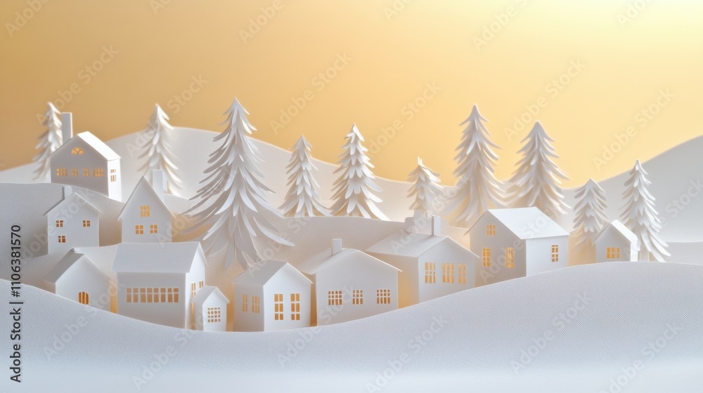 Aufkleber a charming display of a paper-cut christmas village featuring illuminated houses and trees set again