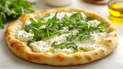 A freshly baked pizza bianca topped with ricotta fresh arugula and a drizzle of olive oil.
