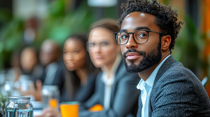 Obraz premium Young african male professional in meeting with diverse colleagues