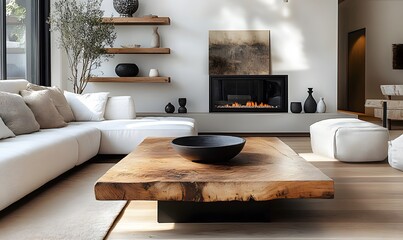  Minimalist interior design of modern living room. Rustic barn wood coffee table near corner sofa against wall with fireplace, frame and shelf. 