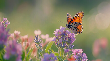 Monarch butterfly on lavender flowers in a sunlit garden