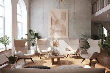 Fototapeta premium Modern lounge area with stylish chairs and greenery in a bright, inviting space