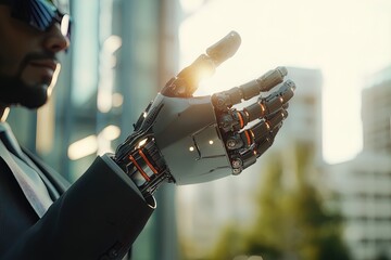 Futuristic man with a robotic hand receiving sunlight in an urban setting during late afternoon