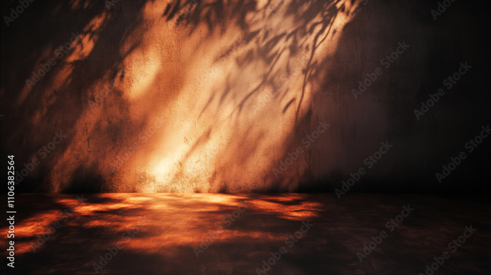Poster orange light illuminating grunge wall with tree branch shadows creating dramatic and moody atmospher