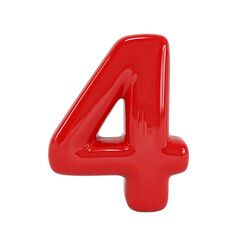 3D red number 4 with reflective surface on white background