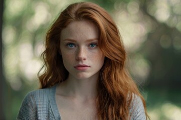 Fototapeta premium young redhead woman with bright blue eyes and long wavy red hair