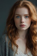 Naklejka premium young redhead woman with bright blue eyes and long wavy red hair