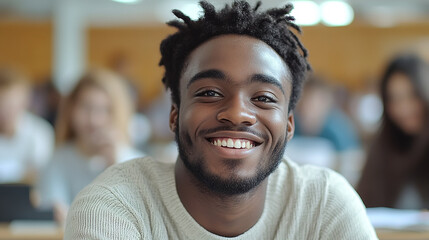 Happy young man college student during a lecture in the classroom.