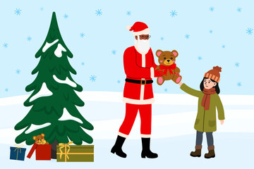 Santa Claus gives a teddy bear to a child near a decorated Christmas tree in winter wonderland