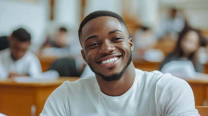 Fototapeta premium Happy young man college student during a lecture in the classroom.