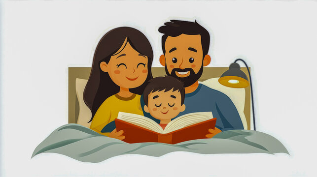 Cartoon family reading together: hispanic parents and child enjoy bedtime story