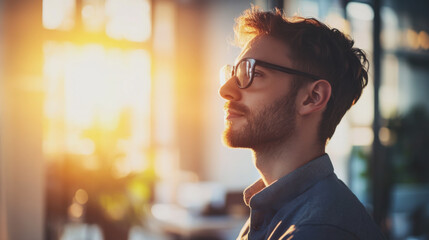 Fototapeta premium A thoughtful man gazes out of a sunlit window in an office, lost in contemplation during the late afternoon