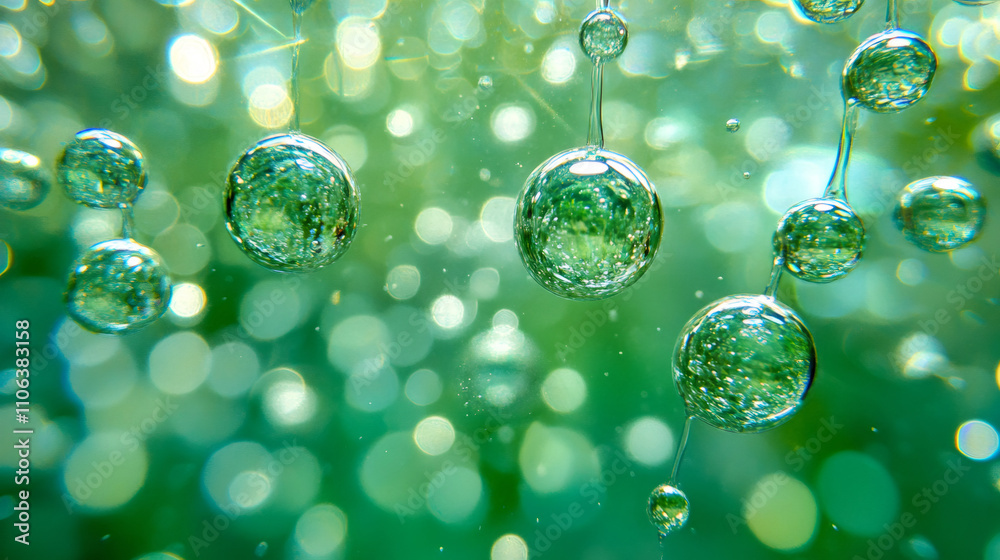 Aufkleber Captivating close-up of sparkling emerald green bubbles suspended in a translucent medium, creating an enchanting visual