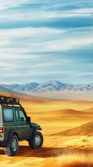 Fototapeta premium Off-road vehicle traversing a vast desert landscape under a blue sky, AI