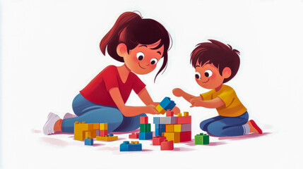 Asian female young adult and asian male child building with colorful blocks