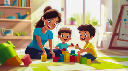 Fototapeta premium Caucasian young woman and children building with colorful blocks in bright playroom