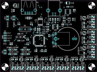 Fototapeta premium Placement of components of radio elements (contact pads and seats) on printed circuit board of electronic device. Vector engineering drawing of pcb. Electric background. Computer technic cad design.