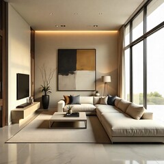 Modern living room interior with fireplace, featuring comfortable sofa, stylish decor, and large windows