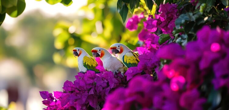 Rose-ringed parakeets nestled among bright purple bougainvillea, with lush greenery surrounding.