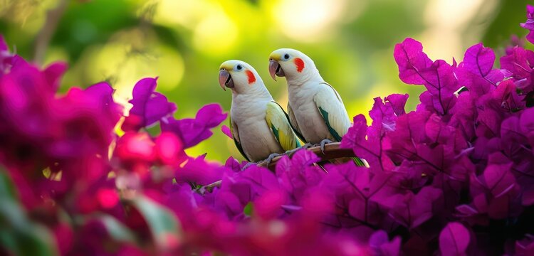 Rose-ringed parakeets nestled among bright purple bougainvillea, with lush greenery surrounding.
