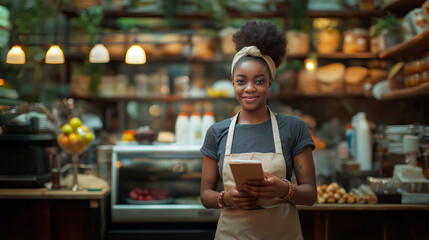 African American Waitress Smiling  and holding a digital tablet in a cozy cafe setting, surrounded by warm lighting, 