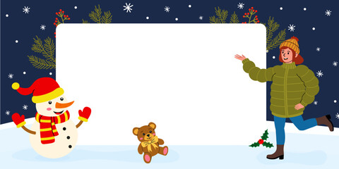 Naklejka premium Winter scene with a snowman, girl, and teddy bear in a snowy landscape