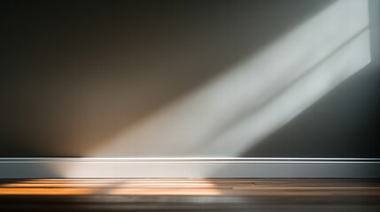 Minimalist wall with keyhole and sunlight illuminating wooden floor in serene setting